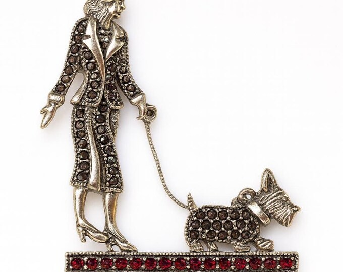 Antique Inspired Lady Walking Scottie Dog Marcasite, Emerald and  Ruby Brooch 925 Sterling Silver