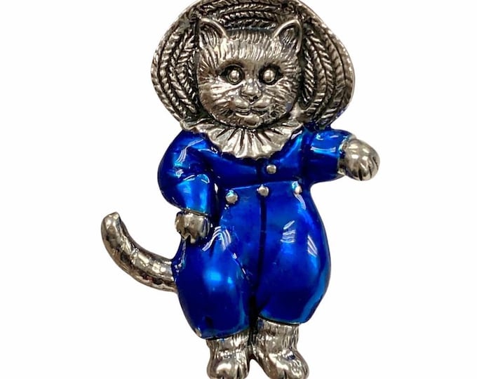 Vintage Silver Enamel Cat Brooch Blue Outfit Whimsical Animal Pin Cute Cat Jewelry Gift for Cat Lovers