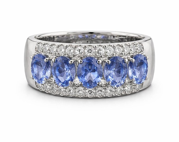 Oval Cut Natural Tanzanite Band, 925 Sterling Silver Statement Ring