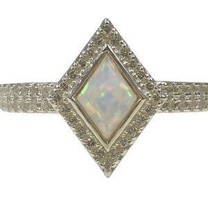 Sterling Silver Diamond Shape Ring with Gilson Opal & CZ Halo Opal Statement Ring