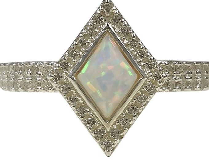 Sterling Silver Diamond Shape Ring with Gilson Opal & CZ Halo Opal Statement Ring