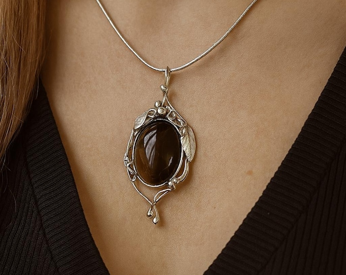 Natural Tiger’s Eye Pendant Necklace 925 Sterling Silver Leaf & Vine Design, Handmade Boho Gemstone Jewelry