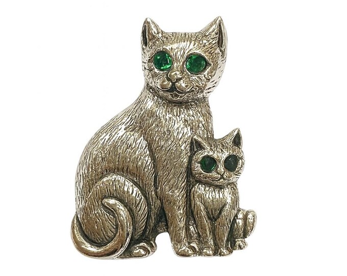 Sterling Silver Cat Brooch with Green Emerald Eyes Vintage Style Mother and Kitten Pin, Animal Lover Jewelry Gift