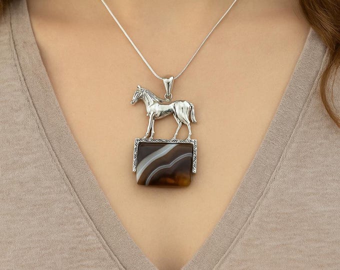 925 Sterling Silver Horse Pendant with Agate Gemstone Equestrian Jewelry, Animal Lover Gift, Statement Necklace