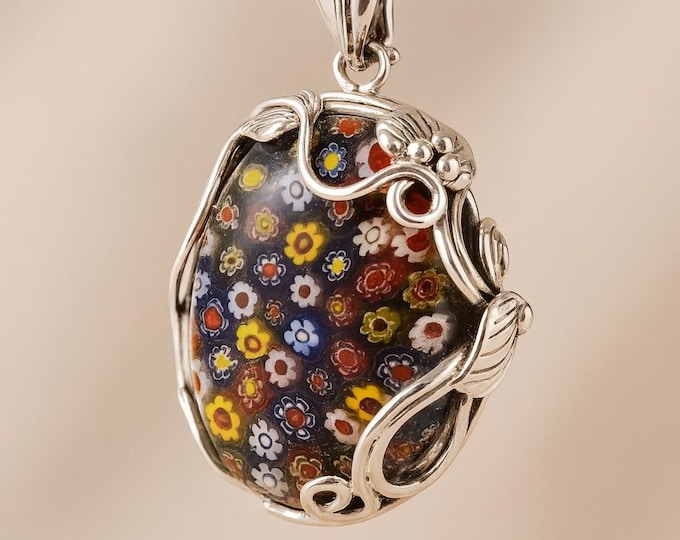 Art Nouveau Inspired Millefiori Pendant 925 Sterling Silver