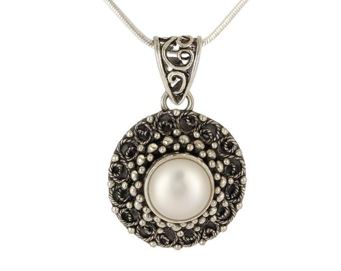Vintage Pearl Pendant Necklace 925 Sterling Silver Filigree Design Classic Round Pearl Pendant, Antique Style Jewelry Gift for Her