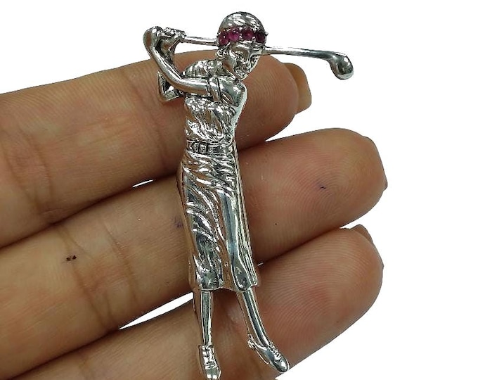 Ruby Lady Golfer Brooch 925 Sterling Silver Hallmarked Golf Lover Gift