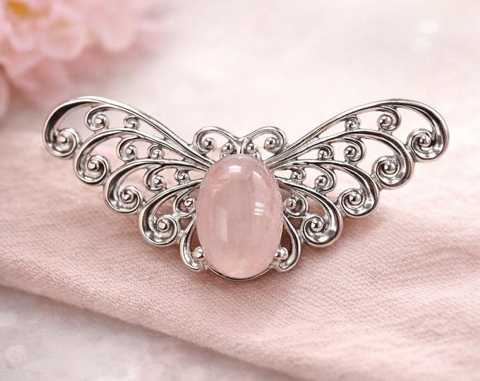 Antique Inspired Rose Quartz Insect Brooch 925 Sterling Silver