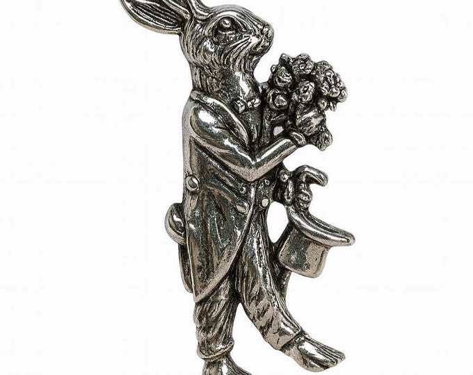 Antique Style Rabbit Holding Flowers Brooch 925 Sterling Silver