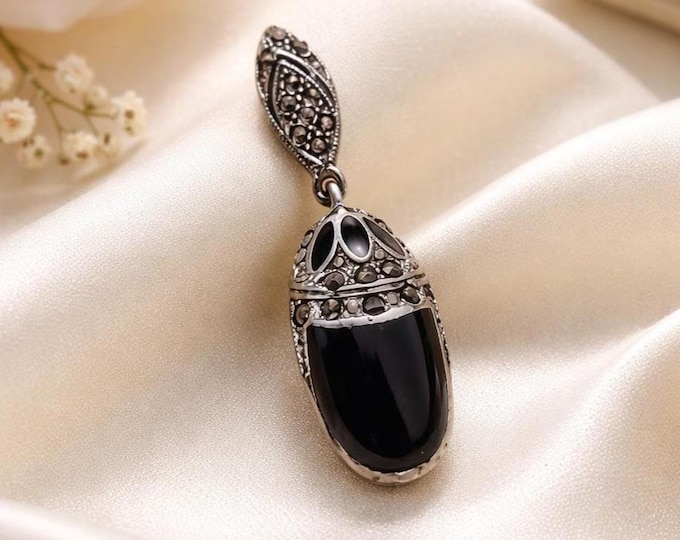 Art Deco Inspired Onyx and Marcasite Pendant 925 Sterling Silver