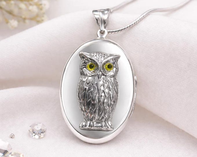 925 Sterling Silver Owl Locket Pendant, Engraved Owl Necklace