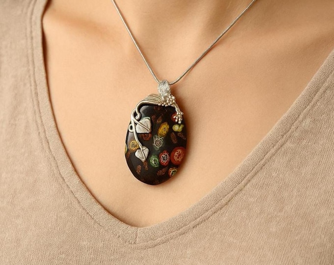 Art Nouveau Inspired Millefiori Leaf Pendant 925 Sterling Silver