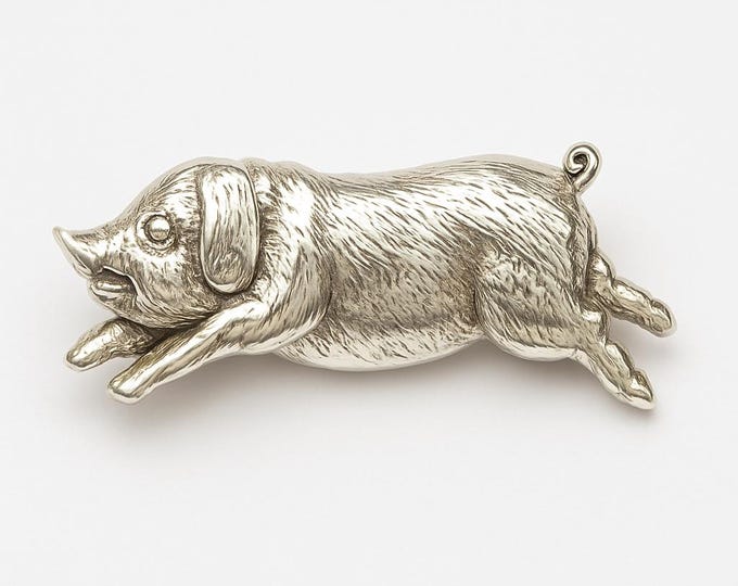 Antique Inspired Pig Brooch 925 Sterling Silver