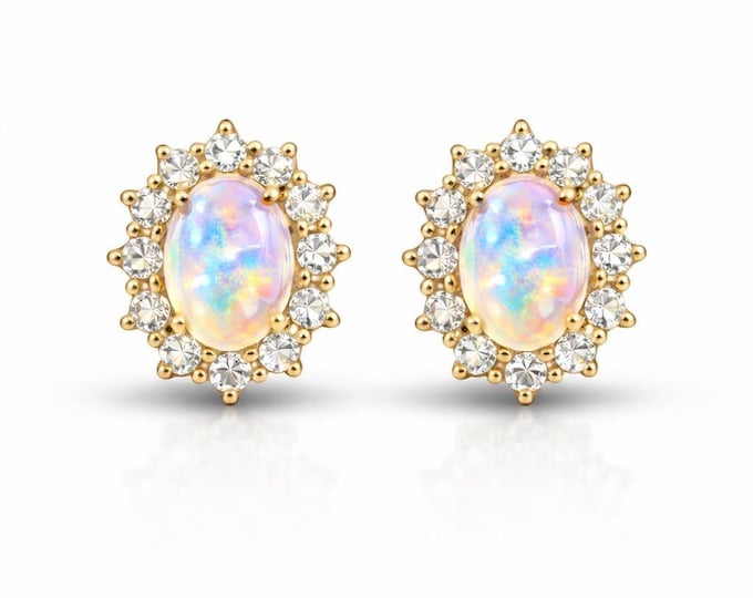 Fire Opal Stud Earrings, Vintage Style, Gold Plated 925 Sterling Silver