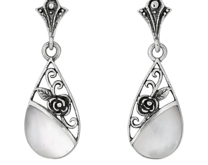 Art Deco Inspired Floral Mother of Pearl 925 Sterling Silver Earrings Gift for Her