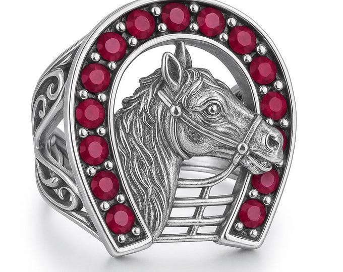 Antique Inspired Emerald and Ruby Horse Shoe Ring 925 Sterling Silver