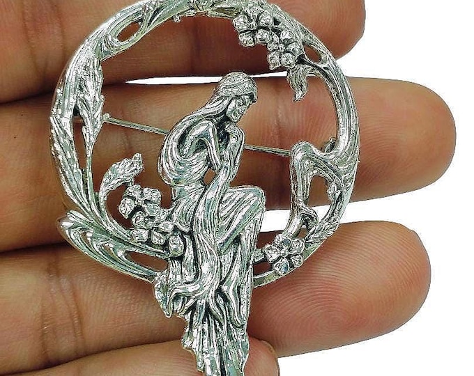 Art Nouveau Inspired Sitting Lady Floral Brooch 925 Sterling Silver