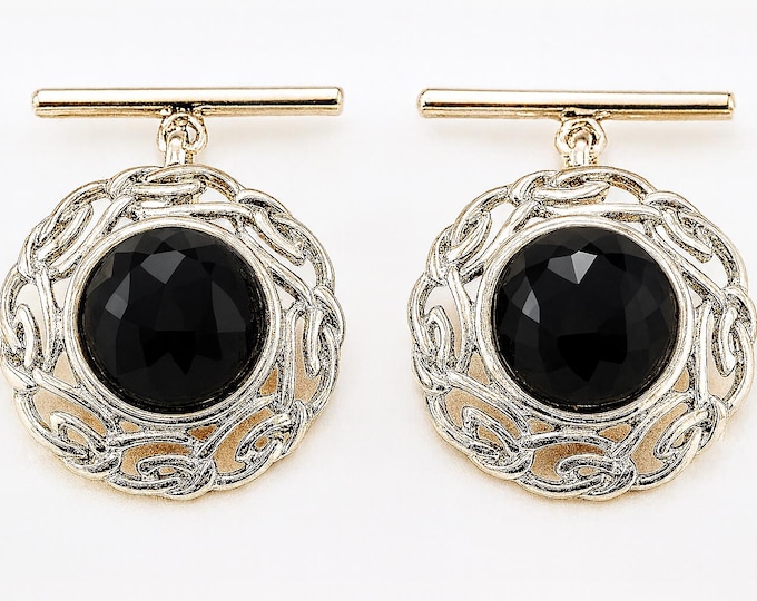Vintage Style Faceted Onyx Cufflinks 925 Sterling Silver Filigree Design Men’s Jewelry Gift for Him Groom Wedding Accessory