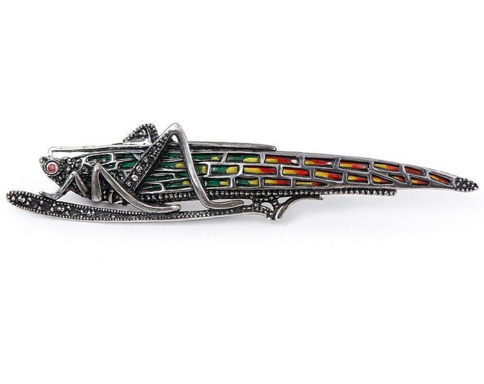 Antique Style Plique-à-Jour Enamel Grasshopper Brooch, 925 Sterling Silver, Ruby and Marcasite Insect Jewelry, Collectors Pin