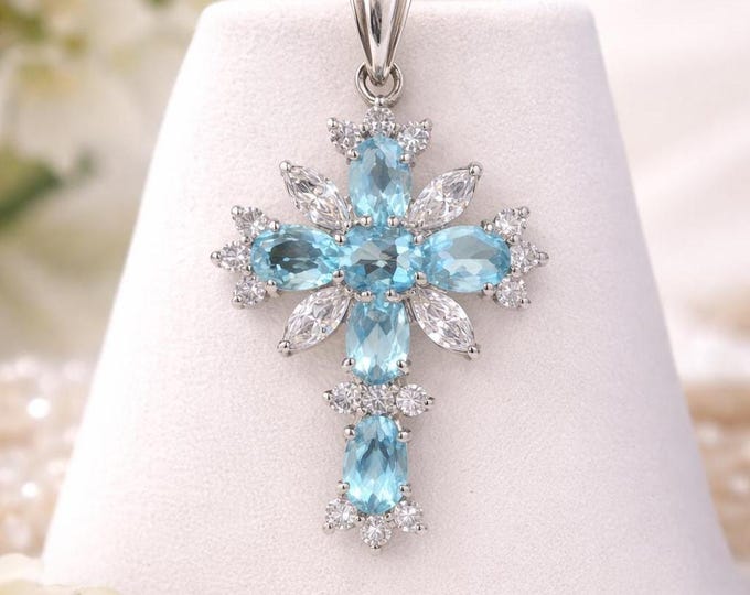 Victorian Style 925 Sterling Silver Aquamarine Cross Pendant Antique Inspired Gemstone Necklace