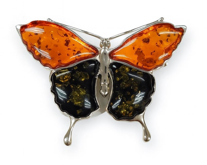 Art Nouveau Inspired Amber Butterfly Brooch 925 Sterling Silver
