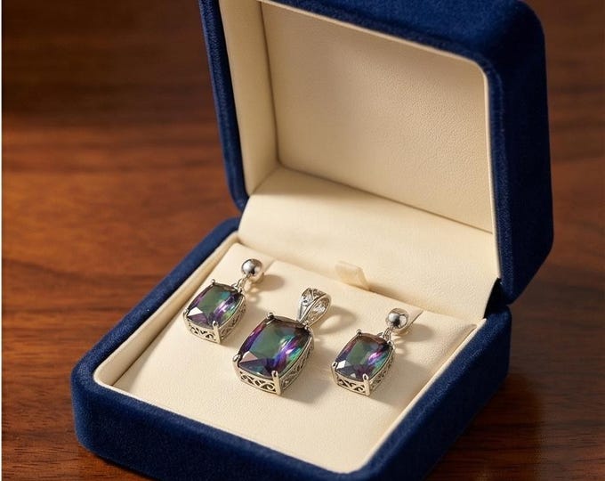 Mystic Topaz Pendant and Stud Earrings Set 925 Sterling Silver