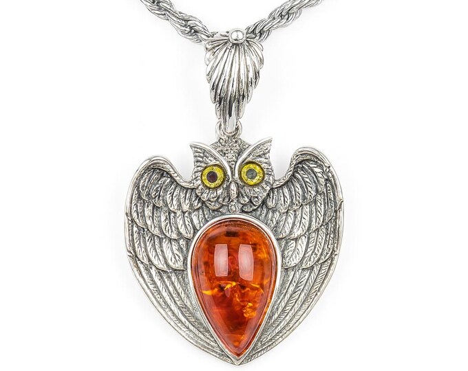 Honey Amber Owl Pendant Glass Eyes 925 Sterling Silver