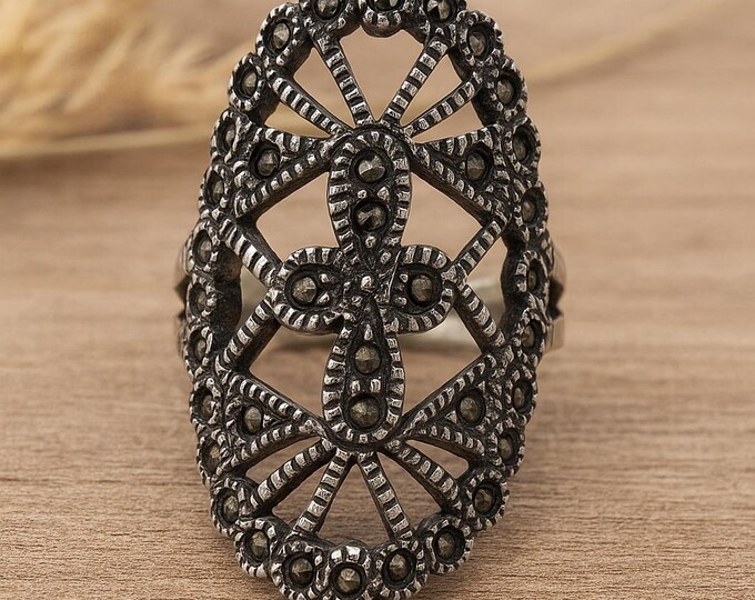 Vintage Style Sterling Silver Filigree Ring with Marcasite Accents Art Deco Statement Jewelry
