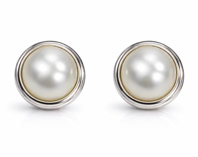 Faux Pearl Cufflinks 925 Sterling Silver Round Cuff Links