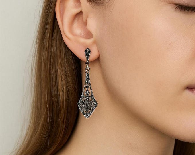 Art Deco Marcasite Drop Earrings 925 Sterling Silver Vintage Style Dangle Earrings Antique Inspired Statement Jewelry Gif