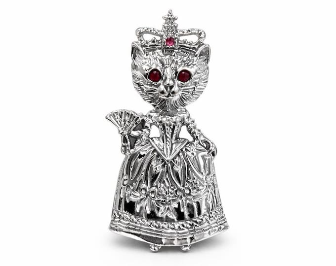 925 Sterling Silver Cat Queen Brooch Pin Vintage Style Silver Cat Pin with Ruby Eyes