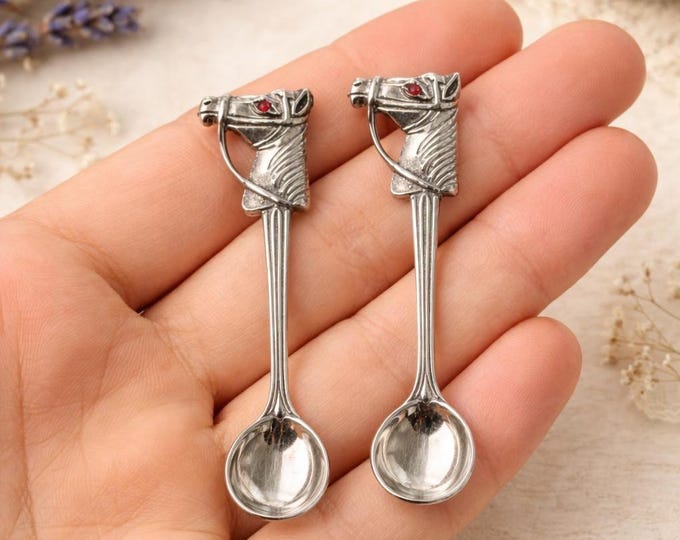 Sterling Silver Horse Salt Spoons with Ruby Eyes, Collectible Miniature Spoons