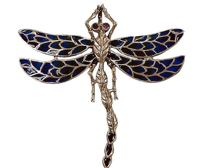 Antique Inspired Enamel Plique a Jour Marcasite Dragonfly Brooch Ruby Eyes 925 Sterling Silver