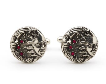 Sun & Moon Sterling Silver Cuff Links with Ruby Gemstones