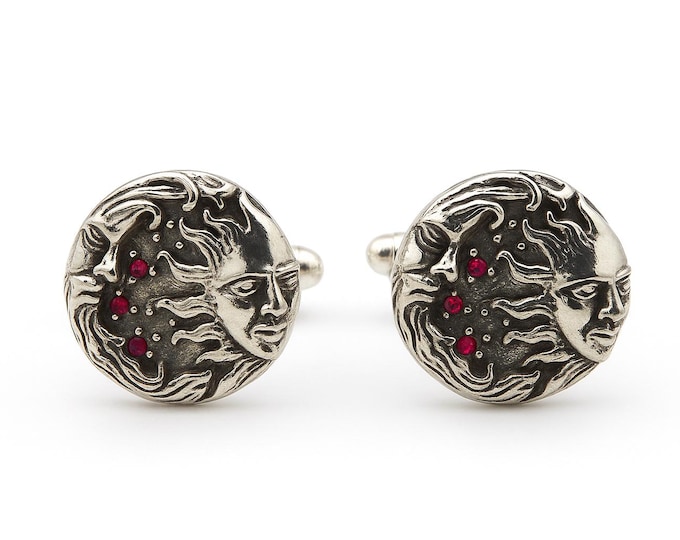 Sun & Moon Sterling Silver Cuff Links with Ruby Gemstones