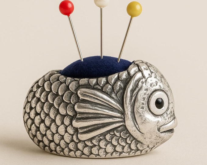 Vintage Sterling Silver Fish Pin Cushion with Blue Sapphire and Ruby Eyes and Velvet Top Collectible Sewing Accessory