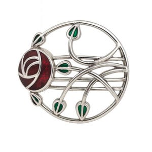 Antique Inspired Enamel Plique a Jour Rose Brooch 925 Sterling Silver