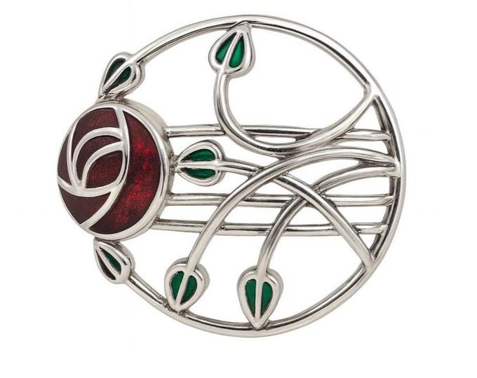 Antique Inspired Enamel Plique a Jour Rose Brooch 925 Sterling Silver