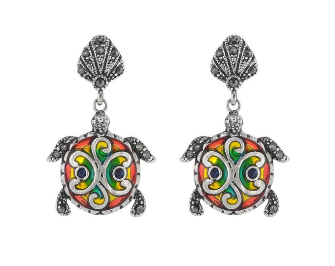 Sterling Silver Turtle Drop Earrings with Colorful Enamel, Sapphire and Marcasite Boho Sea Turtle Jewelry, Statement Dangle Earrings
