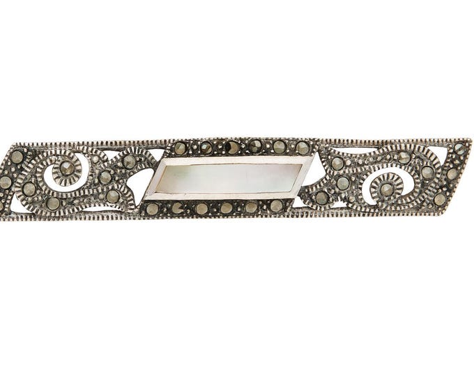 Art Deco Inspired Mother of Pearl and Marcasite Brooch 925 Sterling Silver