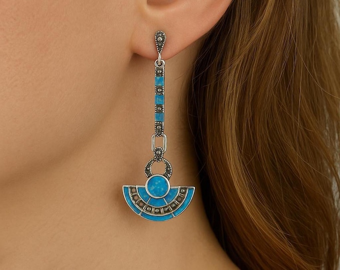 Art Deco Inspired Wallis Simpson White, Blue Gilson Opal and Marcasite 925 Sterling Silver Earrings