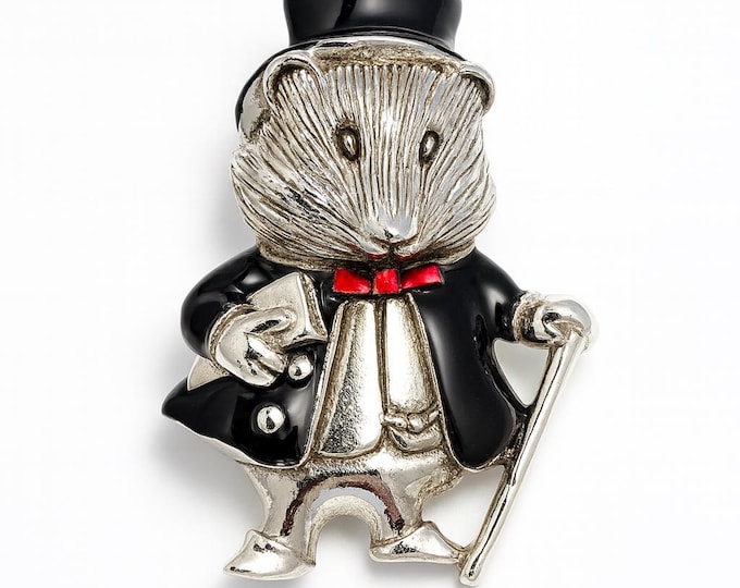 Vintage Gentleman Mouse Brooch Sterling Silver and Black Enamel Mouse with Top Hat, Red Bow Tie and Cane Whimsical Animal Jewelry