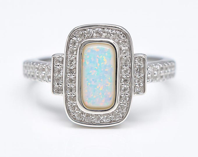 Gilson Opal and CZ Diamond Ring 925 Sterling Silver