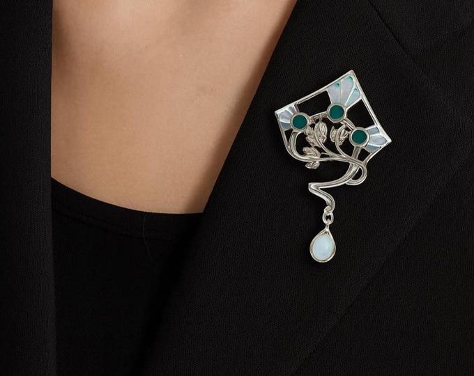 Art Nouveau 925 Sterling Silver Brooch Pendant with Opal, Ruby and Emerald Gemstones Vintage Style Statement Jewelry Gift for Her