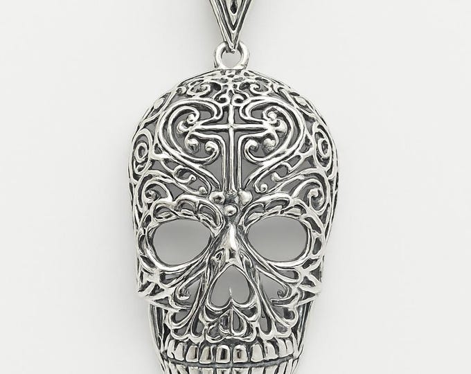 Large Filigree Skull Pendant 925 Sterling Silver Hallmarked