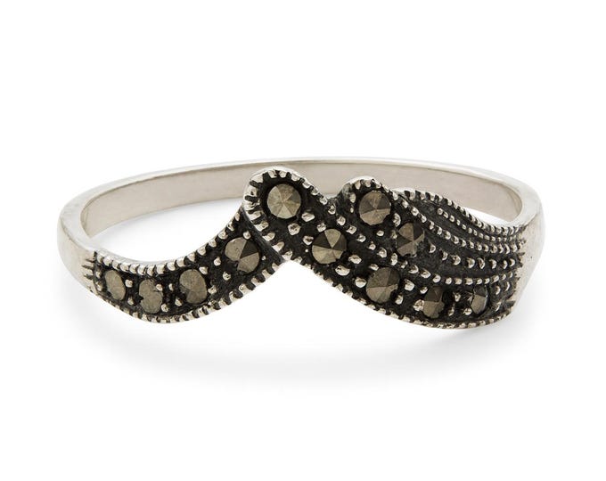 Vintage Style Sterling Silver Marcasite Infinity Twist Ring Antique Inspired Statement Jewelry, Dainty Silver Band for Women