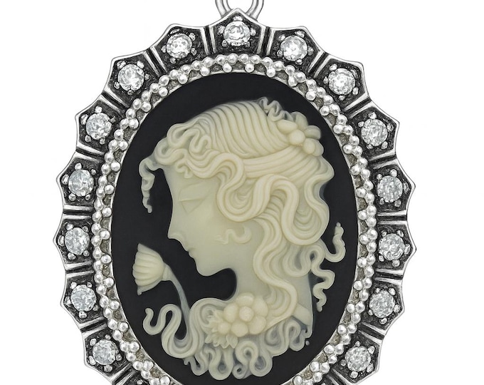Vintage Style Silver Plated Cameo Pendant Necklace Oval Lady Profile with Marcasite and CZ Accents Victorian Inspired Statement Jewelry