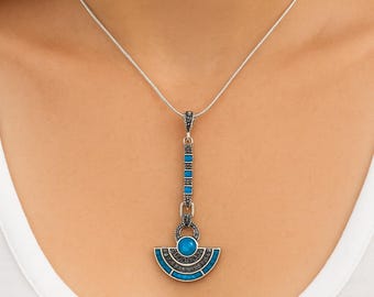 Art Deco Sterling Silver Marcasite Pendant Necklace, Gilson Opal Jewelry