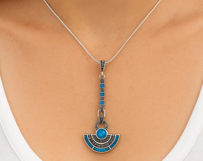 Art Deco Sterling Silver Marcasite Pendant Necklace with White and Blue Gilson Opal Vintage Style 925 Silver Jewelry Gift