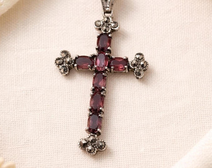 Victorian Style 925 Sterling Silver Garnet and Marcasite Cross Pendant Antique Inspired Gemstone Necklace